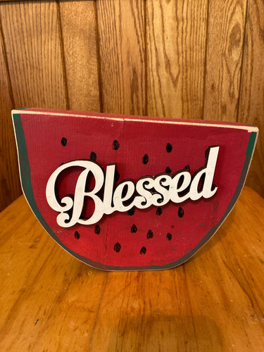 Handcrafted Rustic Wood Watermelon Slice “Blessed”